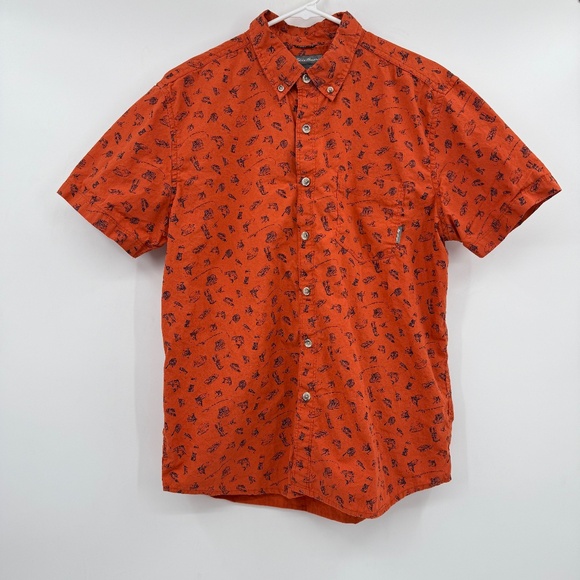 Eddie Bauer Shirt Men Medium Orange Fish All Over Print Button Down Short Sleeve - Picture 1 of 8